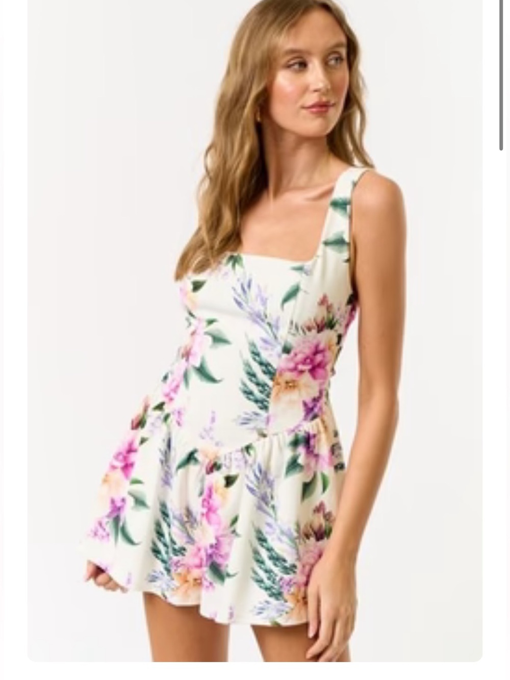 Floral Print Sleeveless Romper - Cream Base with Pink & Green Blooms